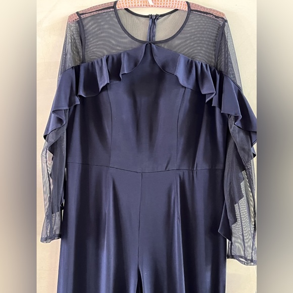 COPY - R&M Richards women’s ruffled illusions sleeve formal Navy jumpsuit. - Picture 4 of 8